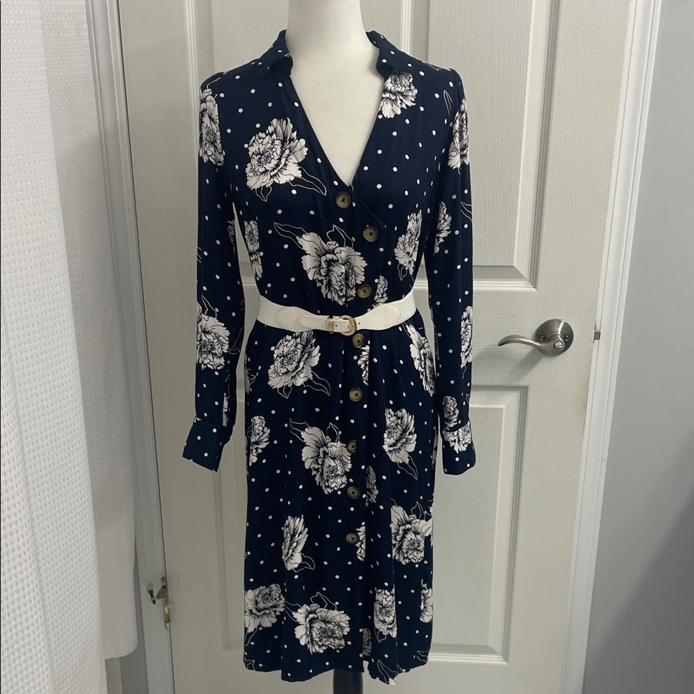 Kaffe Floral Button-Down Navy Wrap Dress V Neck Long Sleeve Button Cuffs Sz 34EU - Picture 8 of 16